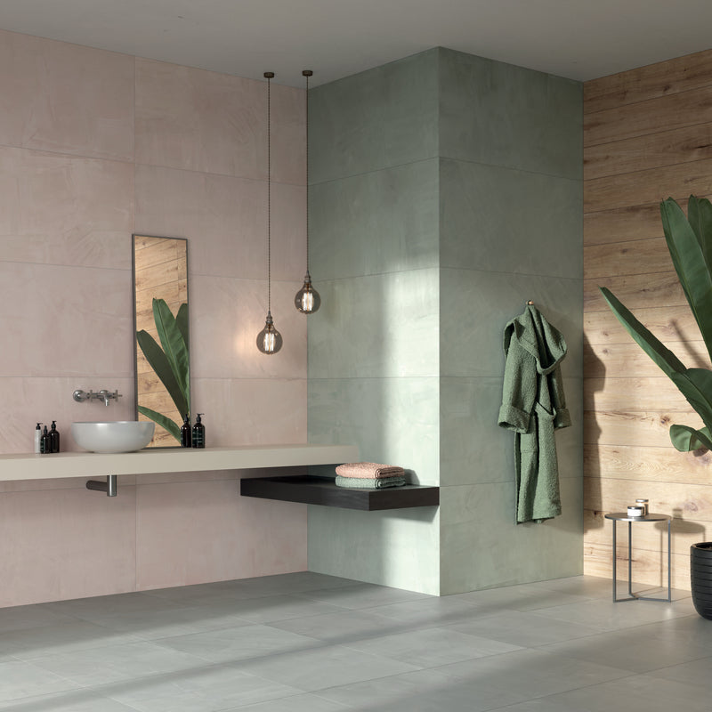 Bathroom installed with Paint Porcelain Tiles in the colours Rose and Salvia.