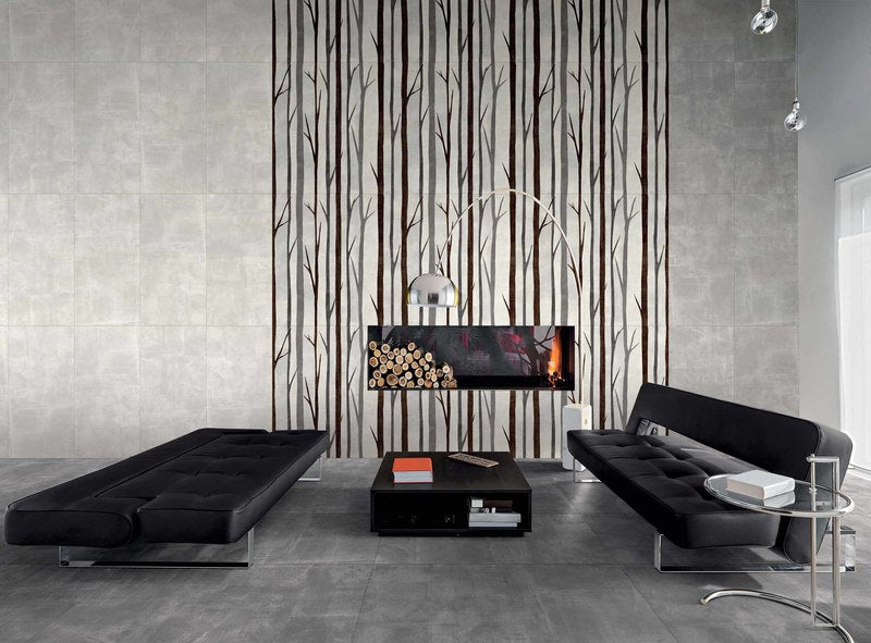 Living area with an accent wall installed with Fabric Porcelain Tiles in Grey and Decor colours.