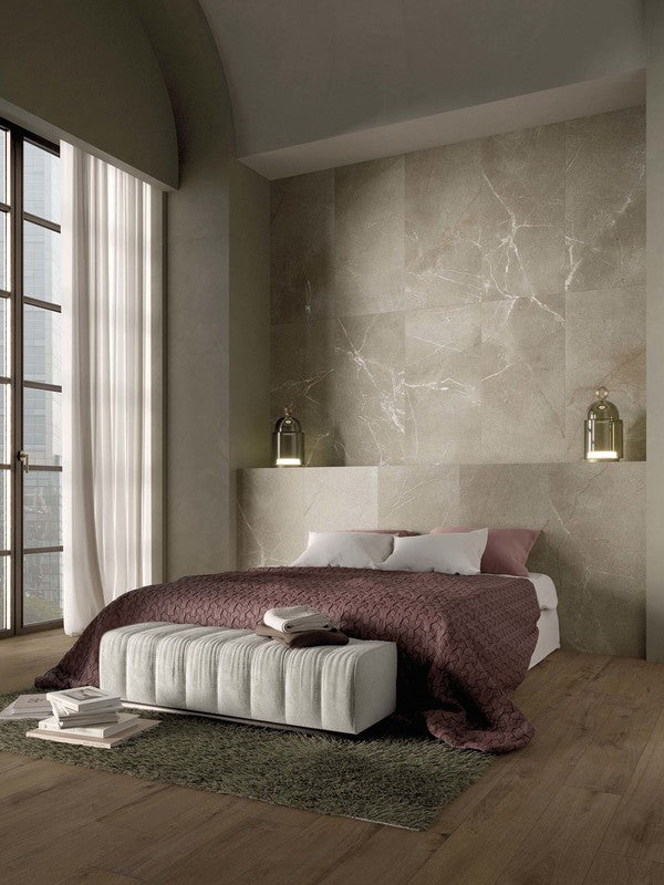 High rise luxury bedroom with Mask Tobacco Tiles installed on the walls