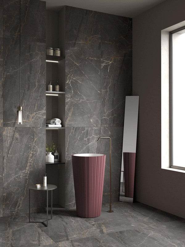 Luxury Italian bathroom features a wall installed with Charme Porcelain Tiles in Black