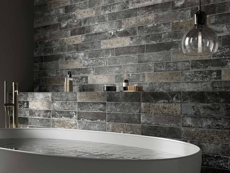 Bathroom wall and shelf installed with Brickone Porcelain tiles in the Decor Fumo Di Londra Colour.