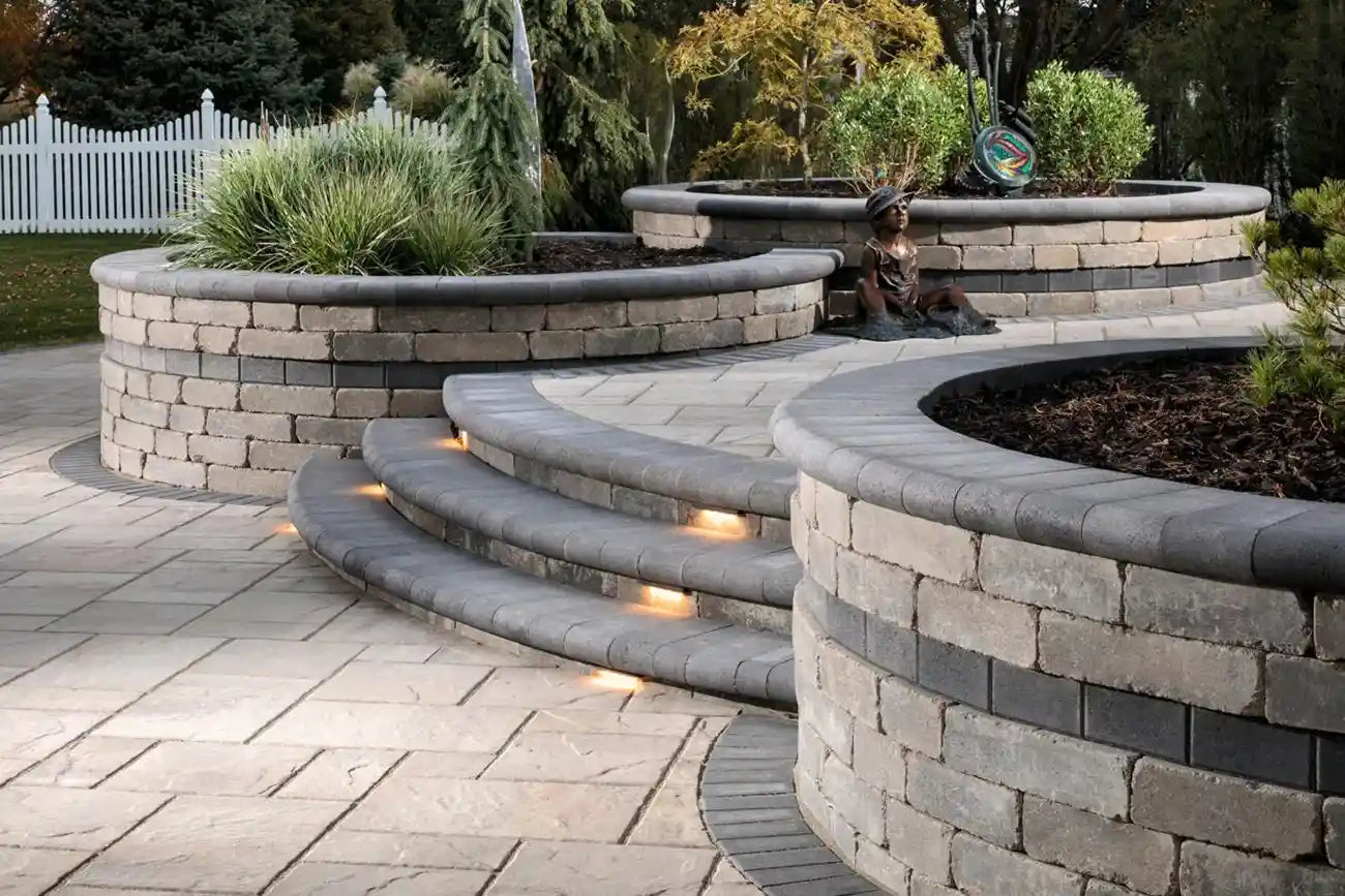 Three Piece Weston Wall Set used for round flower beds and 3 step staircase.