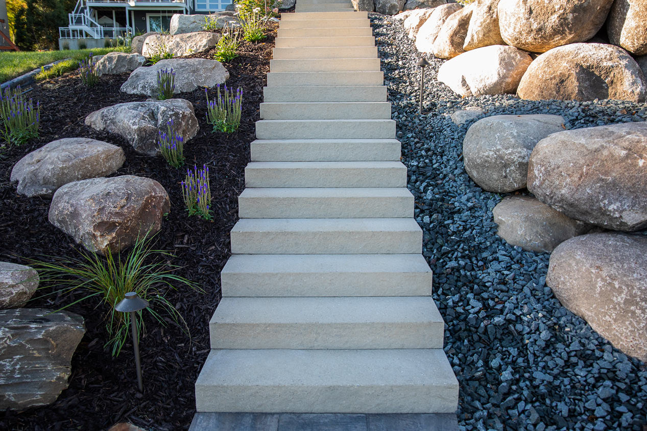 Stairway built with Passageways Stepping Units with rock bed and garden on either side